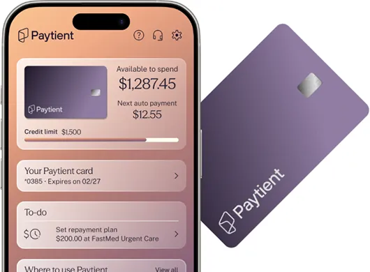 Paytient card next to a phone using the app